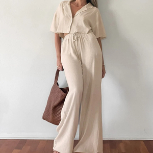 Custom Fashion Linen Set Mulheres Verão Perna Larga Calças De Linho Set para Mulheres Casual Mulheres Tops Conjuntos De Linho 2 Peça