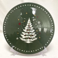 Vintage Dunkelgrüner Handgefertigter Runder Teller mit Farbigen Weihnachtsbaum-Aufklebern, Dekorative Feiertagsplatte, Haushaltsgeschenk