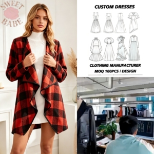 Cárdigan de Moda Otoño-Invierno a Cuadros Rojos y Negros con Frente Abierto, Solapa Holgada, Ropa Exterior para Mujer, Uso Diario, Casual, Personalizable - Product Image 1