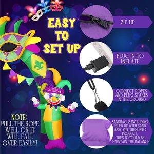 Arche gonflable Mardi Gras <span class=keywords><strong>de</strong></span> 9,3 pieds avec bouffon et masque en éclairage LED pour décoration extérieure <span class=keywords><strong>de</strong></span> fête à thème carnaval, jardin, pelouse - Product Image 2