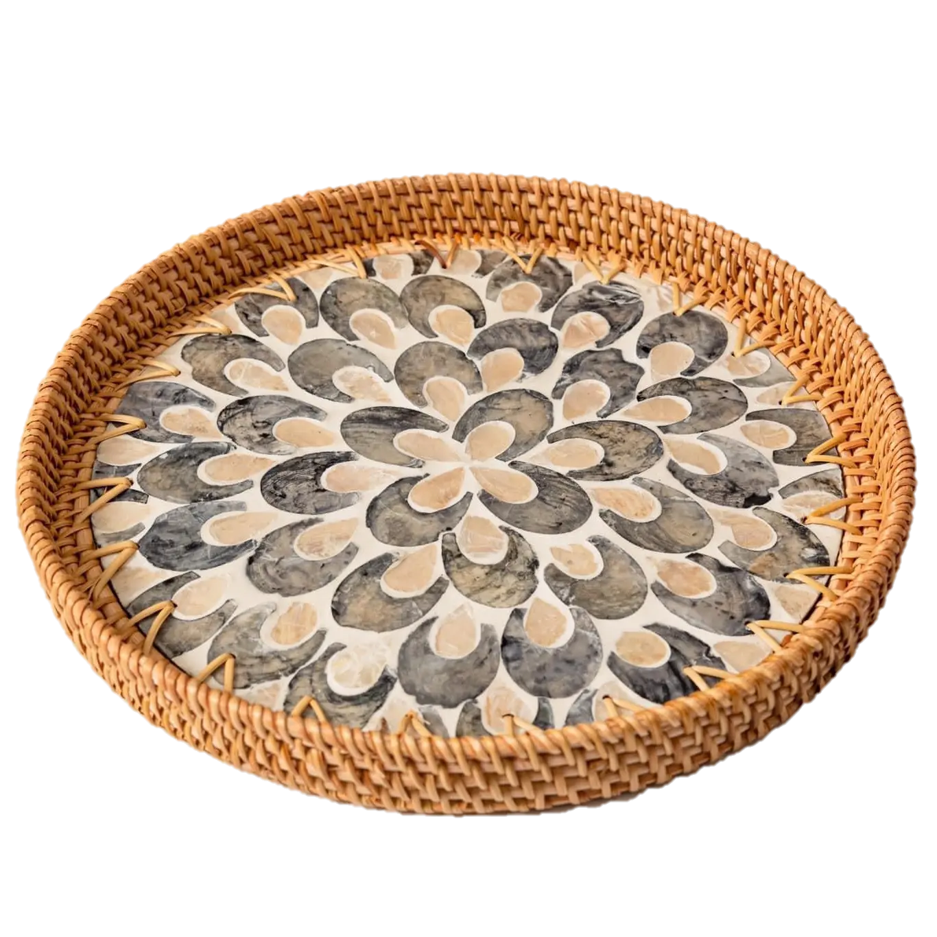 Round Rattan Wicker Tray with Mother of Pearl Inlay Wooden Base and Insert Handle for Fruit Serving
