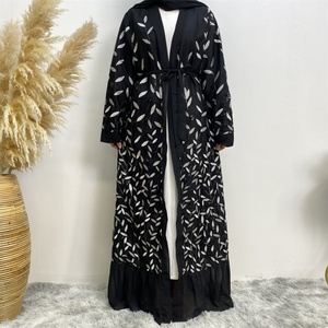 1711# Luxury Leaves <b>Sequins</b> With Chiffon Bottom Cardigan Match All Occasion Muslim Open Abaya - Product Image 2