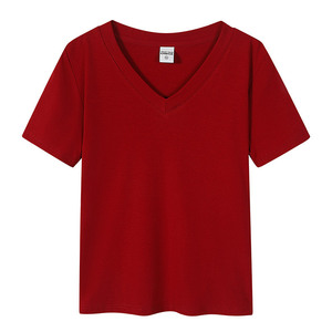 เสื้อยืดผ้าฝ้ายแขนสั้นคอวีสีกรมท่าสีพื้นสำหรับใส่พักผ่อน - Product Image 2