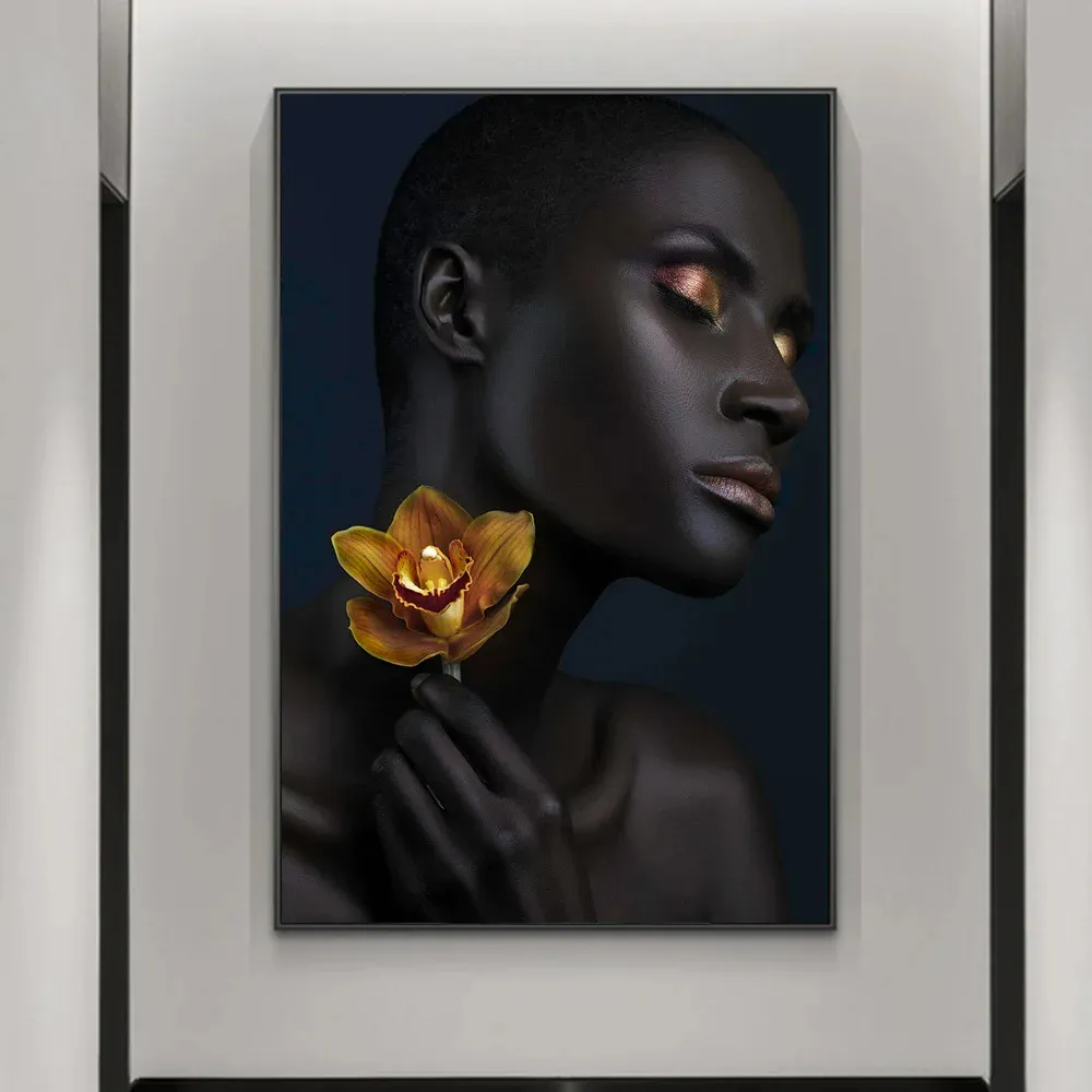 ديكور المنزل HD طباعة أفريقية المرأة السوداء الذهبية الأزهار الموضات الملصقات صور الجدار اللوحات الفنية الجدار المعلقة