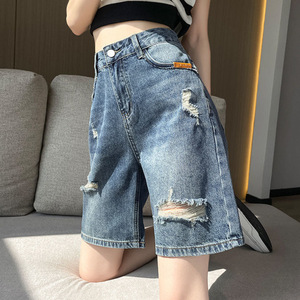 Short en jean déchiré pour femme en été à cinq points mince taille haute A-line lâche mince petit pantalon mi-long rétro à jambes larges - Product Image 3