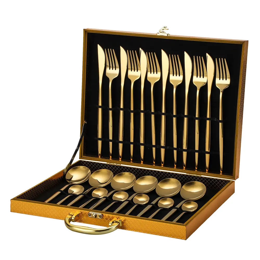 Set di stoviglie in oro 24 pezzi Set di stoviglie in acciaio inossidabile coltello forchetta cucchiaio Set di posate di lusso confezione regalo posate lavabile in lavastoviglie