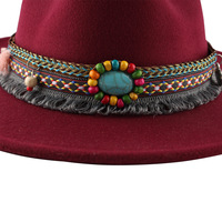 Chapeau Fedora en feutre de laine souple, brodé multicolore, style rétro vintage bordeaux, idéal pour l'automne et l'hiver, parfait pour les fêtes et les occasions décontractées.