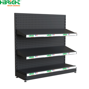 Gondole de supermarché noire perforée simple face avec rail porte-étiquette et garde-corps avant pour magasin de proximité - Product Image 2