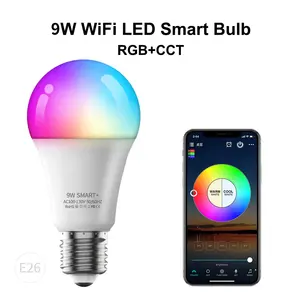 Bohlam lampu wi-fi cerdas RGB, kontrol WIFI bohlam E27 tanpa kabel kontrol aplikasi A19