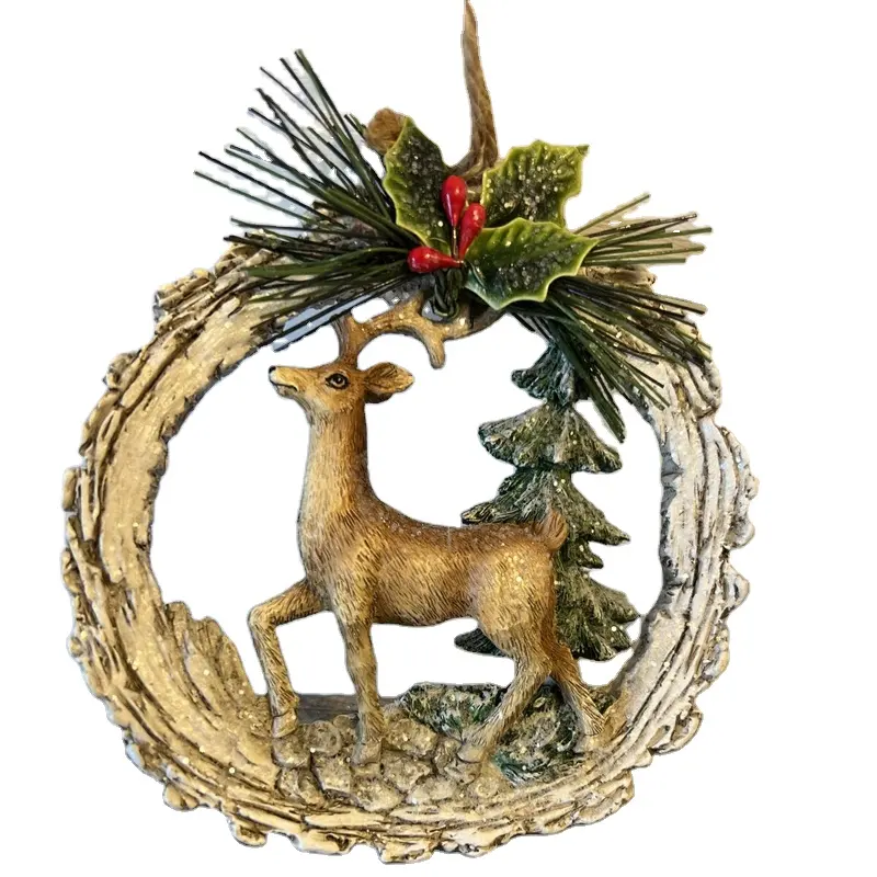 अनुकूलित राल शिल्प चित्रा मूर्तिकला बिर्च फ्रेम में नया उत्सव हिरण क्रिसमस होली बेरी और पाइन हैंगिंग आभूषण