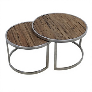 <b>Rustic</b> Old Recycled Elm <b>Wood</b> Industrial Style Round <b>Coffee</b> <b>Table</b> with Metal Frame Nesting Set for Living Room Furniture - Product Image 6