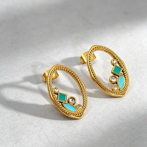 Stainless Steel Oval Stud Earrings Gold Plated Bohemian Style Blue Green Inlay Geometric Design Party Jewelry - Product Image 3