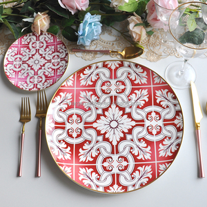 Platos de Porcelana China con Diseño Floral Rojo <span class=keywords><strong>y</strong></span> Blanco, Borde Dorado, <span class=keywords><strong>Vajilla</strong></span> Premium Personalizada para Bodas, Eventos <span class=keywords><strong>y</strong></span> Restaurantes - Product Image 3
