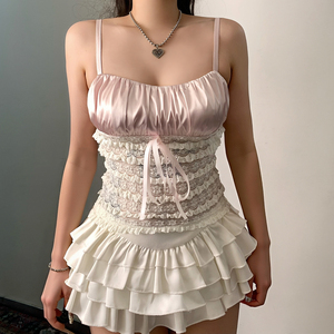 Top de verano transpirable para mujer, de punto con patchwork, con lazo de encaje, busto fruncido, sin mangas, para descansar o dormir - Product Image 5