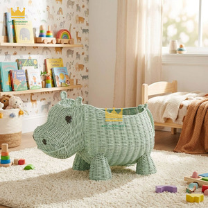 Handwoven Rattan Hippo <b>Basket</b> Cute Green Hippopotamus <b>Storage</b> Organizer For Kids <b>Toy</b> Organizing Cheap Price - Product Image 3