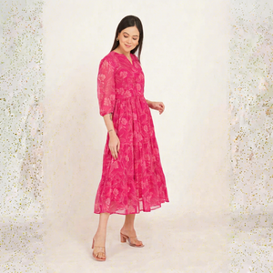 Robe midi en mousseline de soie à imprimé floral rose, col en V, manches trois quarts, style bohème, coupe ample, robe décontractée d'été - Product Image 1