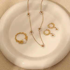 Dainty thanh lịch thời trang 18K vàng đầy thép không gỉ ngọc trai nước ngọt daisy hoa Choker Vòng cổ bông tai trang sức Set