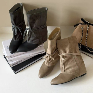 Bottines pour femme kaki à bout pointu, tige souple, détail à nouer, talon <span class=keywords><strong>compensé</strong></span>, bicolores camel et <span class=keywords><strong>beige</strong></span>, élégantes et décontractées - Product Image 3