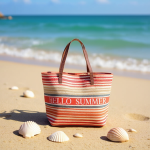 Bolso de playa de paja a rayas Hello Summer 51x35x15cm con estampado PP, bolso de mano de verano para mujer - Product Image 3