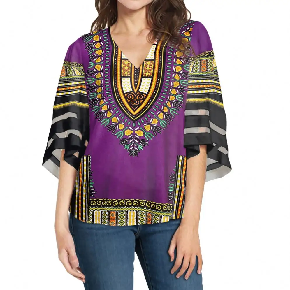 Dropshipping Neue muster African tribes Print Damen blusen & tops Gewohnheit ihre muster belüftung Lose frauen chiffon hemd