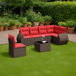 Set Divano da Giardino in Polyrattan Marrone con Cuscini, 7 Pezzi, Arredamento da Esterno Stile Contemporaneo per Giardino, Capacità 6 Posti - Product Image 2
