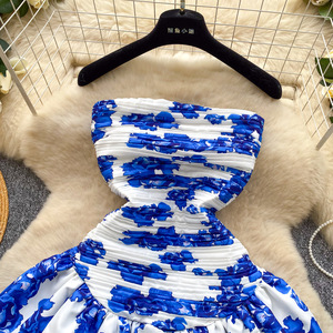 Gonna a pieghe elasticizzata con spalle arricciate e orlo a balze, stile vacanza francese, invernale, senza spalline, per donna - Product Image 4