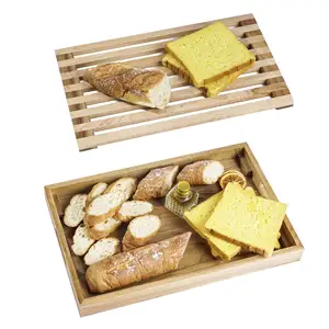 Acacia baki Saji roti kayu untuk dapur, baki baki penghancur roti dengan pemegang, pengiris bambu papan pemotong roti kayu