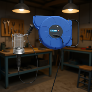 Fervi Self Retracting Cable Reel With Lamp Holder 230V 16A 15M Cord For <b>Workshop</b> <b>Lighting</b> - Product Image 3