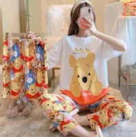 3 Potong Set Piyama Kartun Lengan Pendek, Baju Tidur Sutra Susu Musim Semi + Celana Panjang Kasual Pakaian Rumah