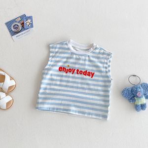 Ensemble bébé en denim avec <span class=keywords><strong>petit</strong></span> ours brodé pour filles, t-shirt imprimé tendance pour garçons et filles, <span class=keywords><strong>gilet</strong></span> rayé en coton pour enfants, été - Product Image 5