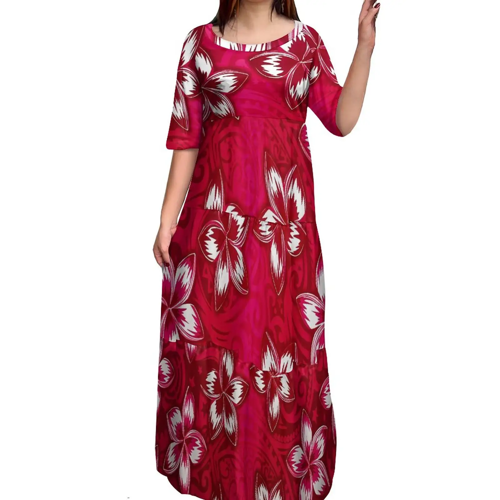 Mejor Precio al por mayor personalizado Plumeria flor impresión vestido Hawaiano media manga largo volantes vestidos escalonados rojo polinesio vestido
