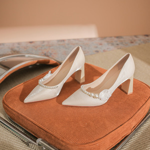 7777-1 <b>Satin</b> Comfort Bridal Pumps Pointed Toe Block Heel Pearl Bead Decor <b>Wedding</b> <b>Shoes</b> for Bride or Bridesmaid - Product Image 1