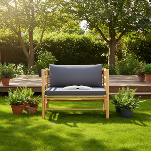 Canapé de jardin en bambou, une place, mobilier d'extérieur léger, design minimaliste, coussin gris foncé - Product Image 2