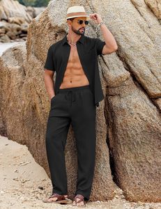 Conjuntos de 2 Piezas Casuales <span class=keywords><strong>y</strong></span> Transpirables para Hombre, Verano, Sólidos, 100% Fibra de Bambú, <span class=keywords><strong>Camisa</strong></span> de Manga Corta con Botones, Pantalones Holgados, Conjuntos para Vacaciones en la Playa - Product Image 2