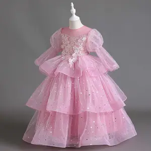 Çiçek kız elbise konak podyum piyano çocuk düğün pompadour elbise uzun kollu high-end prenses elbise