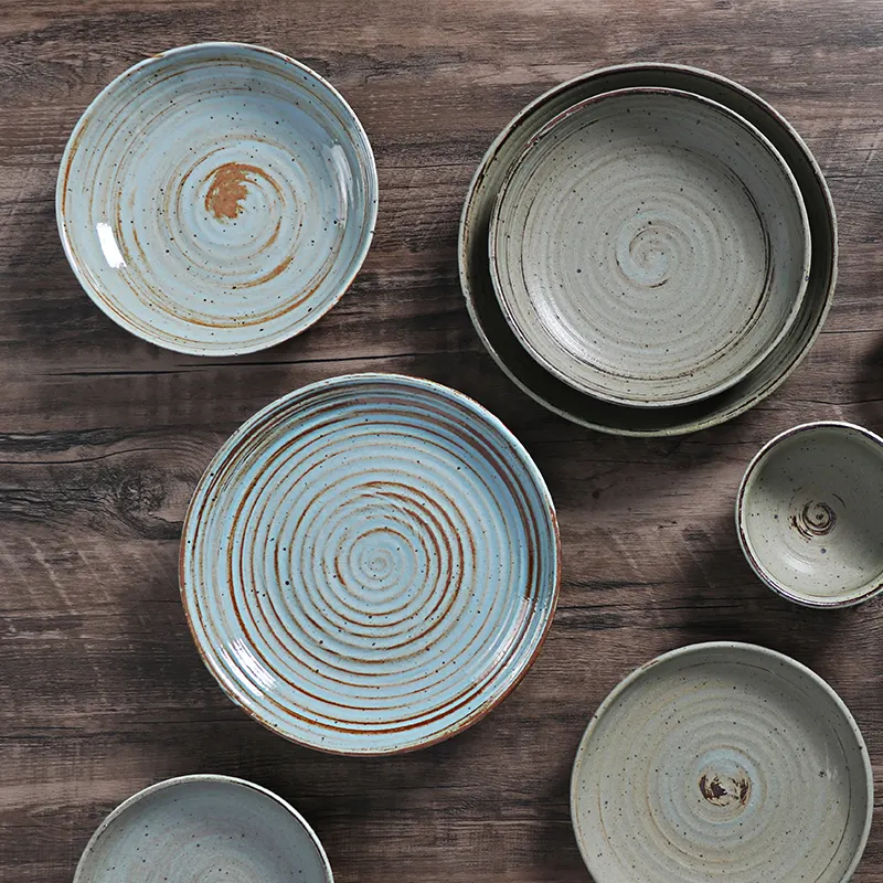 Japanische Vintage-Stil Porzellan Geschirr Stein Salbei Vajjila Platos Geschirr Platte Platte Pocelana Assiette Keramik Teller Set