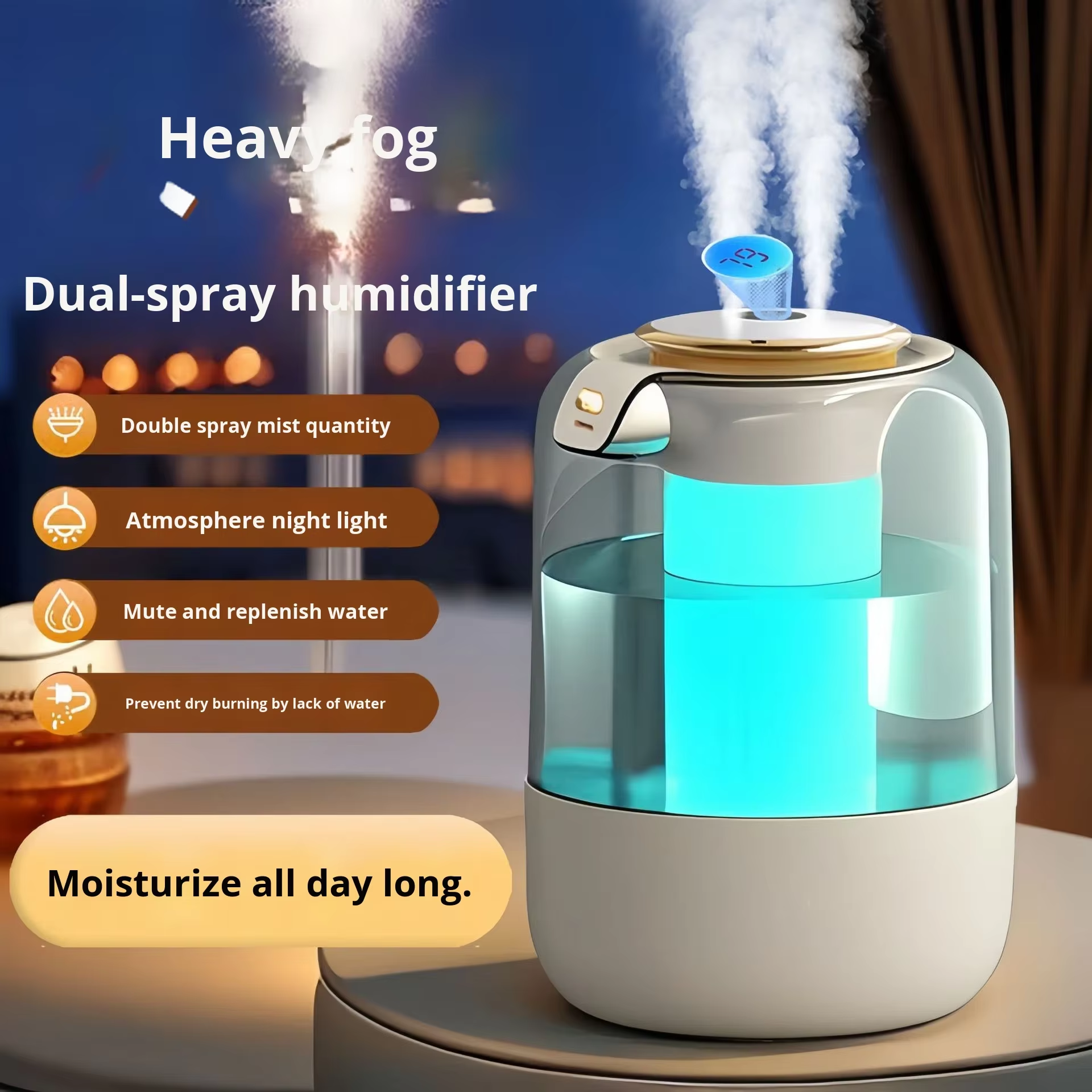 Humidificateur double jet J20, affichage numérique blanc, affichage de l'humidité