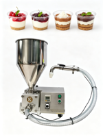 Machine de remplissage pour pâtisseries : coupes de mousse, parfaits, donuts, croissants, cheesecakes aux cerises, myrtilles, chocolat et caramel