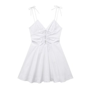 2024 été Fine ceinture nouveau produit transfrontalier femmes col en v blanc nœud décoration coupe-vent tissu robe courte - Product Image 1