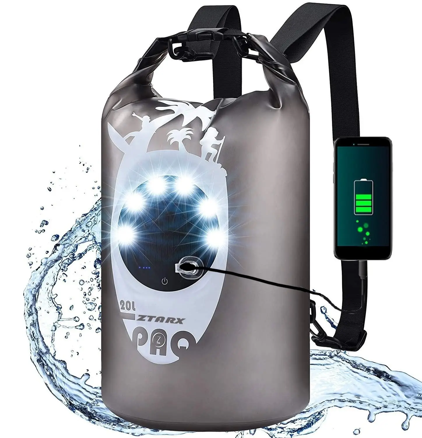 Tas sabuk ganda tahan air 20l, tas punggung berenang dan luar ruangan LED dua sisi, tas kering penyimpan kompresi menyelam