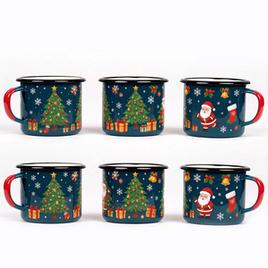 Wholesales Custom <strong>Christmas</strong> 12oz Reusable Rolled Rim Metal Tin Sublimation Blank Coffee <strong>Tea</strong> <strong>Cup</strong> Enamel Camping Mug with Handle - Product Image 1
