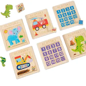 Educational Jigsaw puzzle huarongdao for children learning with various pictures of animal and number wooden toy