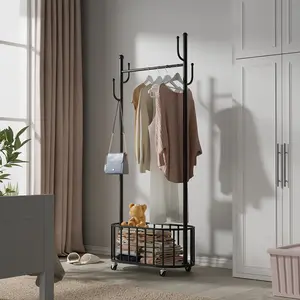 Kainice आधुनिक बेडरूम मंजिल खड़े टोकरी भंडारण रोलिंग कपड़े रैक छोटे धातु हुक के साथ परिधान कोट रैक