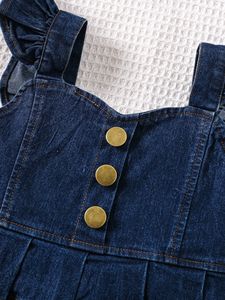 Conjunto de Ropa para Niñas Pequeñas al por Mayor, Top de Mezclilla Sólido sin Mangas con Volantes + Falda Vaquera, Conjunto de 2 Piezas - Product Image 3