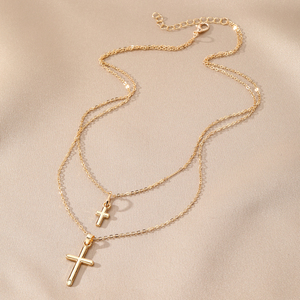 Showfay kalung liontin 2 in 1 salib tradisional untuk wanita kalung rantai lapis ganda paduan perhiasan iman Kristen - Product Image 5