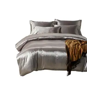 Hotel cor sólida imitado seda luxo de cetim edredon conjunto de cama 3 peças