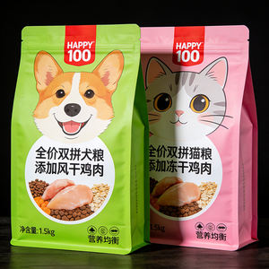 Sachet d'emballage refermable à fermeture éclair coulissante avec soufflet latéral pour aliments et friandises pour chats et chiens - Product Image 1