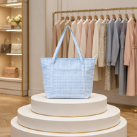 Sac à main matelassé en gingham doux avec poche avant, sac fourre-tout léger en tissu écossais Vichy pour le shopping