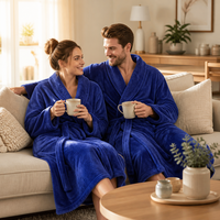 Peignoir en flanelle bleu roi personnalisé OEM unisexe, doux en polaire de polyester, col châle, long, pour couples