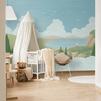 Papier peint mural personnalisé pour chambre d'enfant, paysage de lago pastel et lapin, décoration murale pour chambre et salle de jeux, facile à installer